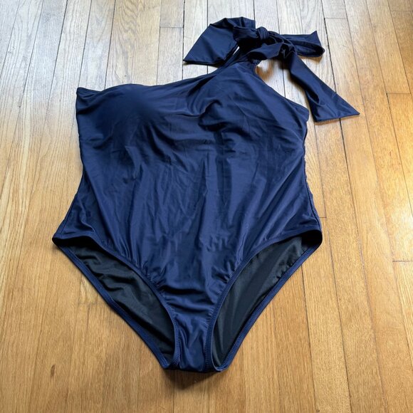 J.Crew Size 22 NEW Navy Blue Bow Tie One-Shoulder One-Piece Bathing Swimsuit - Picture 3 of 12